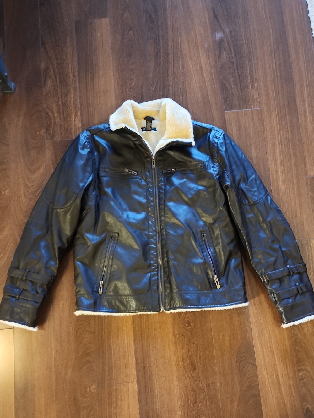 INC International Concepts Brown Faux Leather Bomber with Cream Sherpa Collar